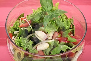 Salátové mísy s čerstvým salátem a rajčaty.