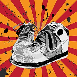 Vektorové ilustrácie, staré topánky v grunge štýl, s lúčmi ako pozadie.