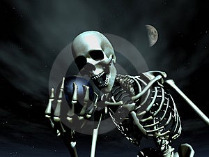 Ein computer erstellte Bild der Erde gepackt durch ein Skelett darstellen könnte, den Tod.
