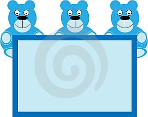 Tre blu teddy bears con vuoto scheda annuncio per l'arrivo del nuovo bambino.