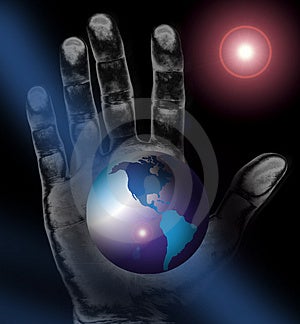 Mappa o globo con colori di superficie e un flare di sfondo che mostra la sezione Americana della terra nel palmo di una mano dietro il concetto di dio ha il mondo intero nelle sue mani.