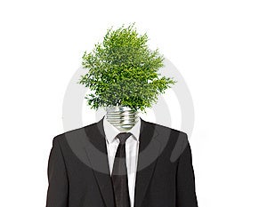 Zelená energia symbol človeka s zelené svetlo, žiarovka hlavu.