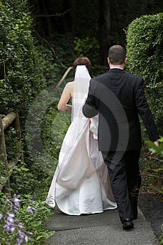 Nevěsta a ženich na jejich svatební den chůze daleko od kamery, po cestě zarostlé stromy.