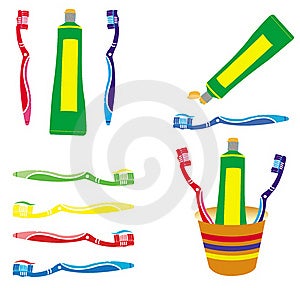 Tento obrázok predstavuje súbor štyroch rôznych ilustrácie predstavuje určitý zubné kefky a zubnej pasty.