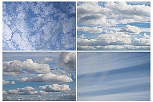  4fotografie z modrá obloha odlišný biely mraky.