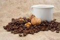 Cup of coffee, walnuts, coffee beans and chocolate free stock photo