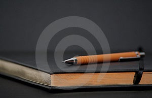 Schreiben Buch mit Goldenen Seiten und einem orangefarbenen Bleistift oben.