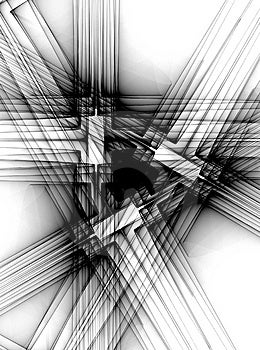 Digitální umění design v černé a bílé vířící linie, tvary a křivky.