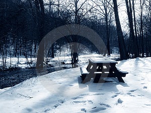 Picnic Table In The Snow, Blue Toned Stock Photography