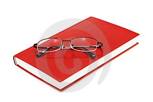 Libro rosso con occhiali su sfondo bianco + soft shadow.