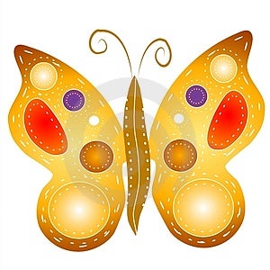 Un astratto farfalla in oro, viola, bianco e rosso con le ali aperte.