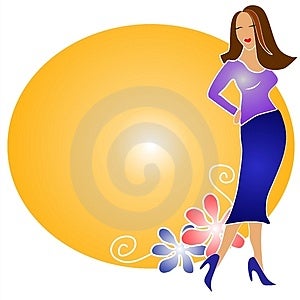 Un'illustrazione di arte di clip di una bruna moda ragazza modello in posa in un colorato gonna e top contro un ovale con disegno floreale su sfondo bianco.