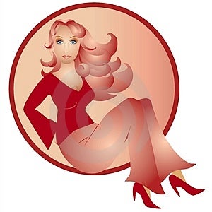 Clipart illustrazione di un caucasico modello di moda donna, seduti in cerchio con i capelli lunghi.