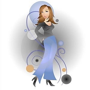 Ilustrace módní model žena s dlouhé hnědé vlasy brunetka na sobě kalhoty proti abstraktní pozadí v modrých barvách.