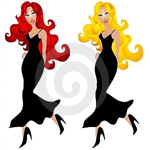 Klip umění ilustrace 2 žen v malé černé elegantní šaty jedna je zrzka, druhá je blondýnka se super dlouhé kudrnaté vlasy a velký úsměv.