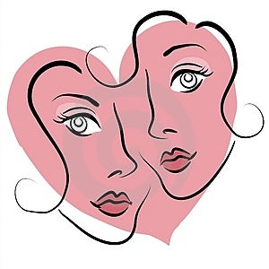 Eine abstrakte clip-art-illustration von ein lesbisches paar, die fast in einer Umarmung, in schwarzen Konturen auf einem rosa Herz hintergrund zu repräsentieren Liebe, dating und Verwandte Themen.