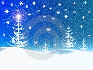 Zimné a modrom pozadí, snehu a zime, strom a snehová vločka.