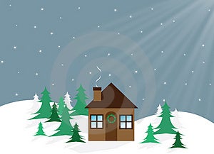 Grafické znázornenie dom s vianočný veniec a vianočné stromčeky proti zasneženom podklade.