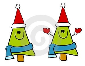 Klip umění ilustrace pro vaše volba 2 úsměvem Vánoční strom kreslené postavičky na sobě červené čepice, modré šátky a jeden s palčáky izolovaných na bílém.
