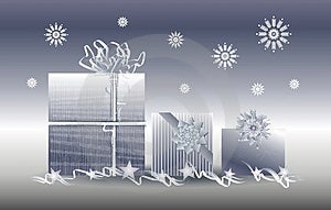 Klip umění ilustrace Vánoční dárky zabalené s docela papír, mašle a stuhy ve stříbrné barvě s sněhové vločky.
