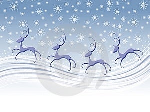 Klip art znázornenie abstraktného hľadá sobov lietanie cez snowflake plné oblohy v modrej a bielej farby.