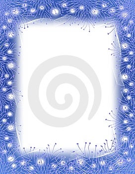 Un bordo di sfondo con blue garland e bianco incandescente bianchi circostanti a bordo di nastro.