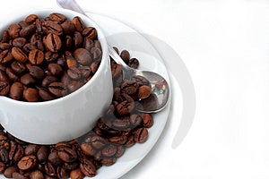 Horneado café frijoles en café taza cuchara.