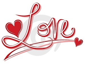 Klip art ilustrácia predstavovať slovo Láska v dekoratívny pôvodné písmo s červené a biele osnovy a srdcia.