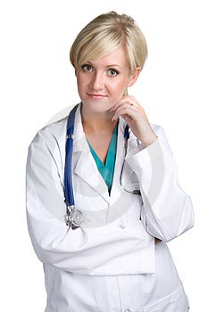 Amichevole medico su sfondo bianco.