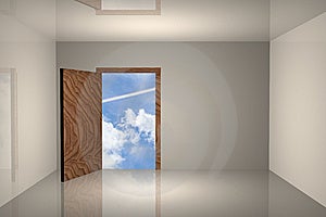Stanza vuota con un cielo blu dietro la porta.
