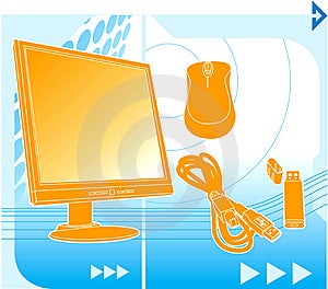 Iformatics ilustrace, pozadí, včetně LCD monitoru, bezdrátové myši, USB kabel a USB disk.