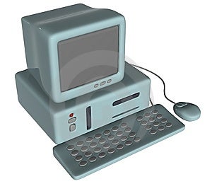 3D izolované modrá počítač s klávesnicou a myšou, maked v kreslený štýl.