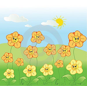Ilustrácia z rodiny, kvety v lete.
